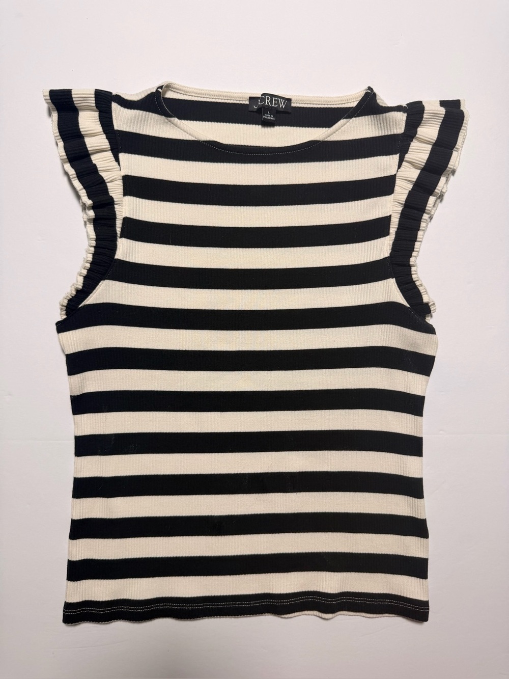 J.Crew Women’s L Black Ivory Striped Ribbed Ruffle Sleeve Top Preppy